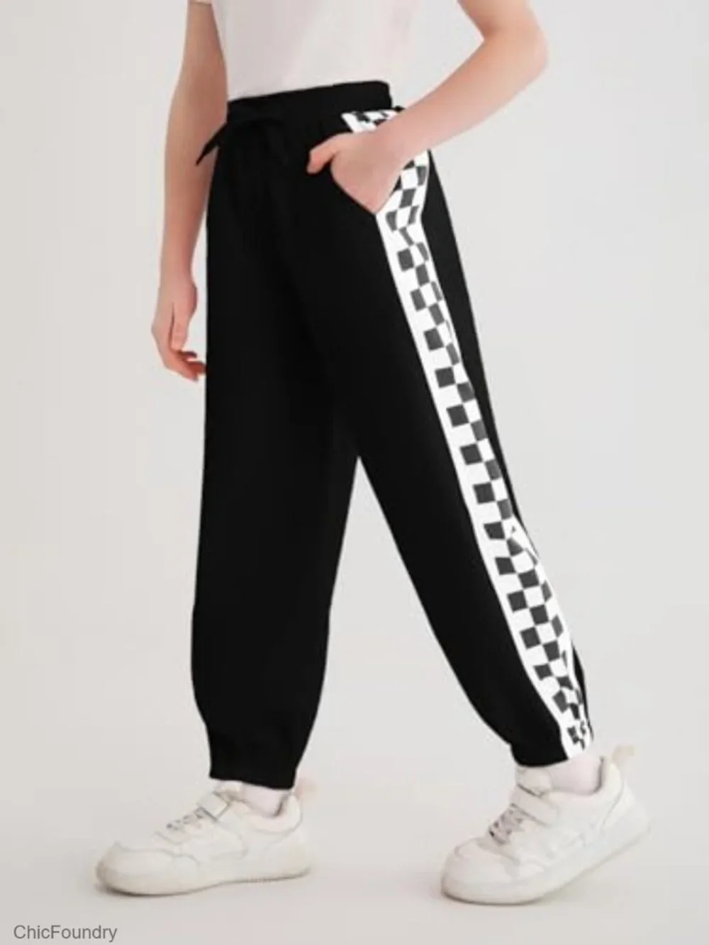 Girls Baggy Joggers Athletic Checkered Track Pants with Pockets 5-14Y
